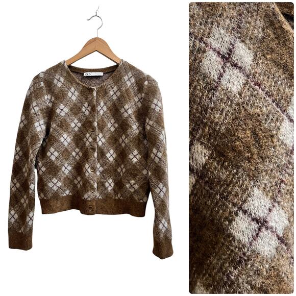 Zara Brown Wool Blend Argyle Print Crew Neck Cropped Cardigan Medium Academia - Picture 2 of 11